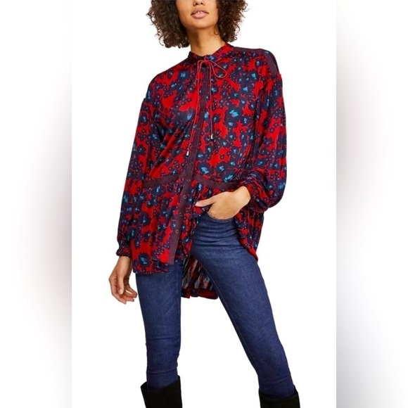 Free People Love Letter Boho Tunic Top Longsleeve Button down Blouse Blue Red XS - Picture 1 of 9